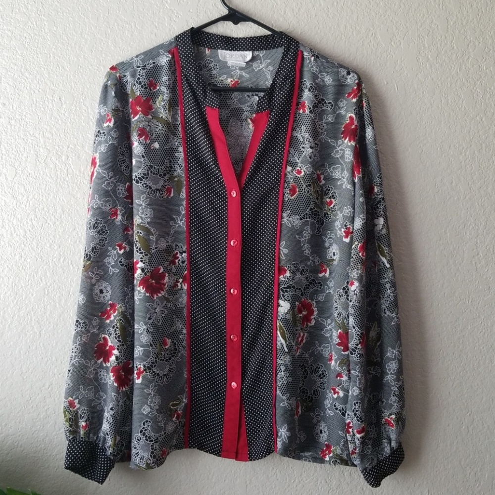 Floral Button-Up Blouse - Gray and Red